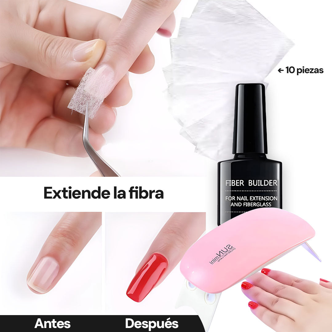 Nail Extension Pro Kit | Gel + Lámpara + Fibra de Vidrio X10